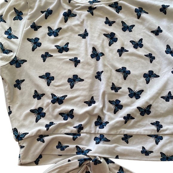 {Bell Tweed} Butterfly Open Back with Tie Closure Cap Sleeve Crop Top - Picture 2 of 5